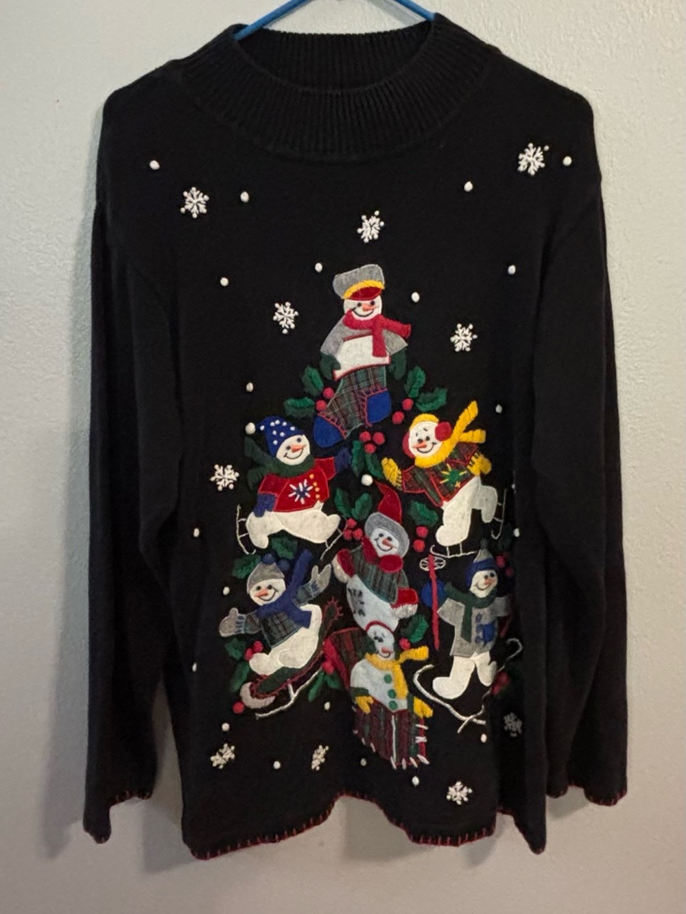 Christmas Sweater Embroidered Festive Snowman Black XL B.P. Design Ugly Ramie